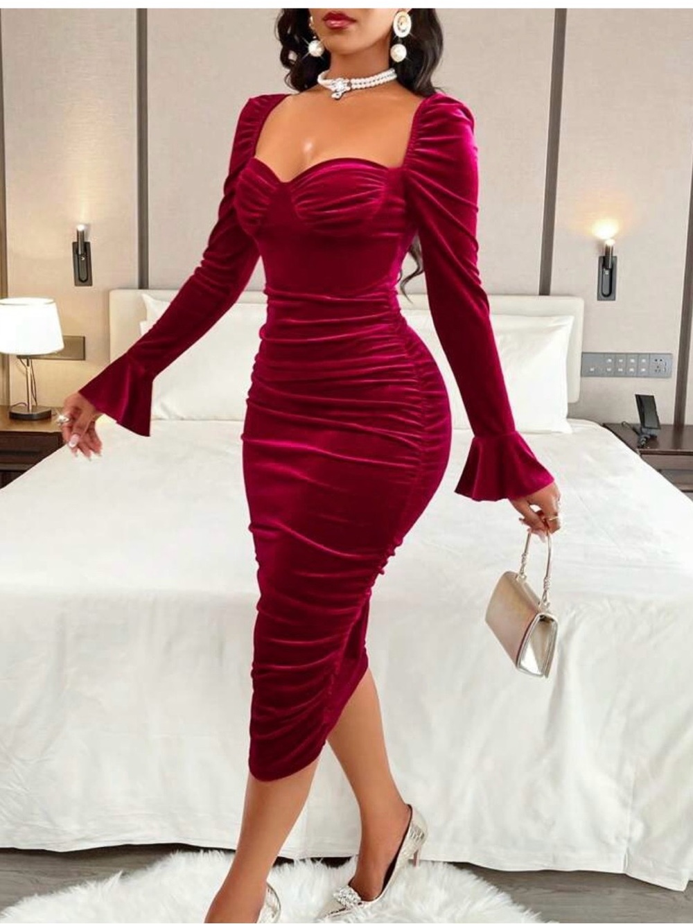 Large Ruched Velvet Midi Dress in Burgundy sexy romantic